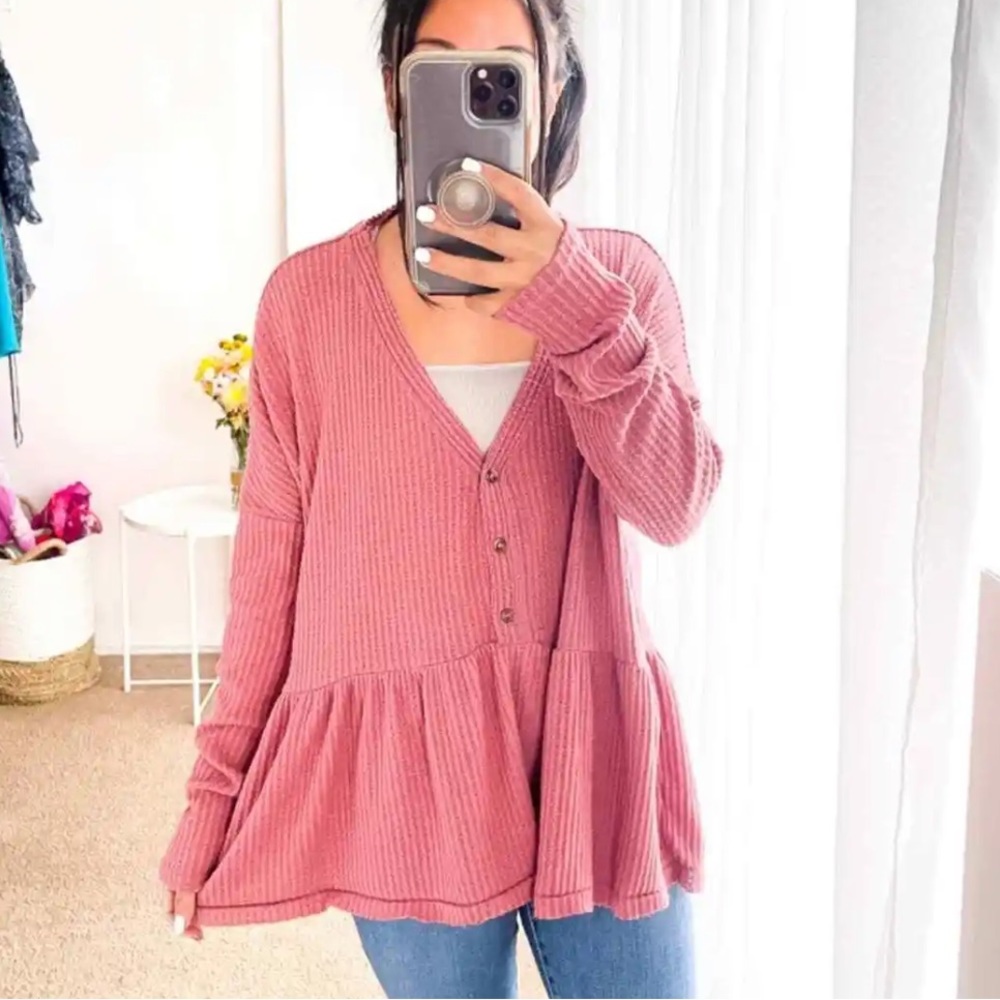 Out From Under Knit Button-Up Peplum Top